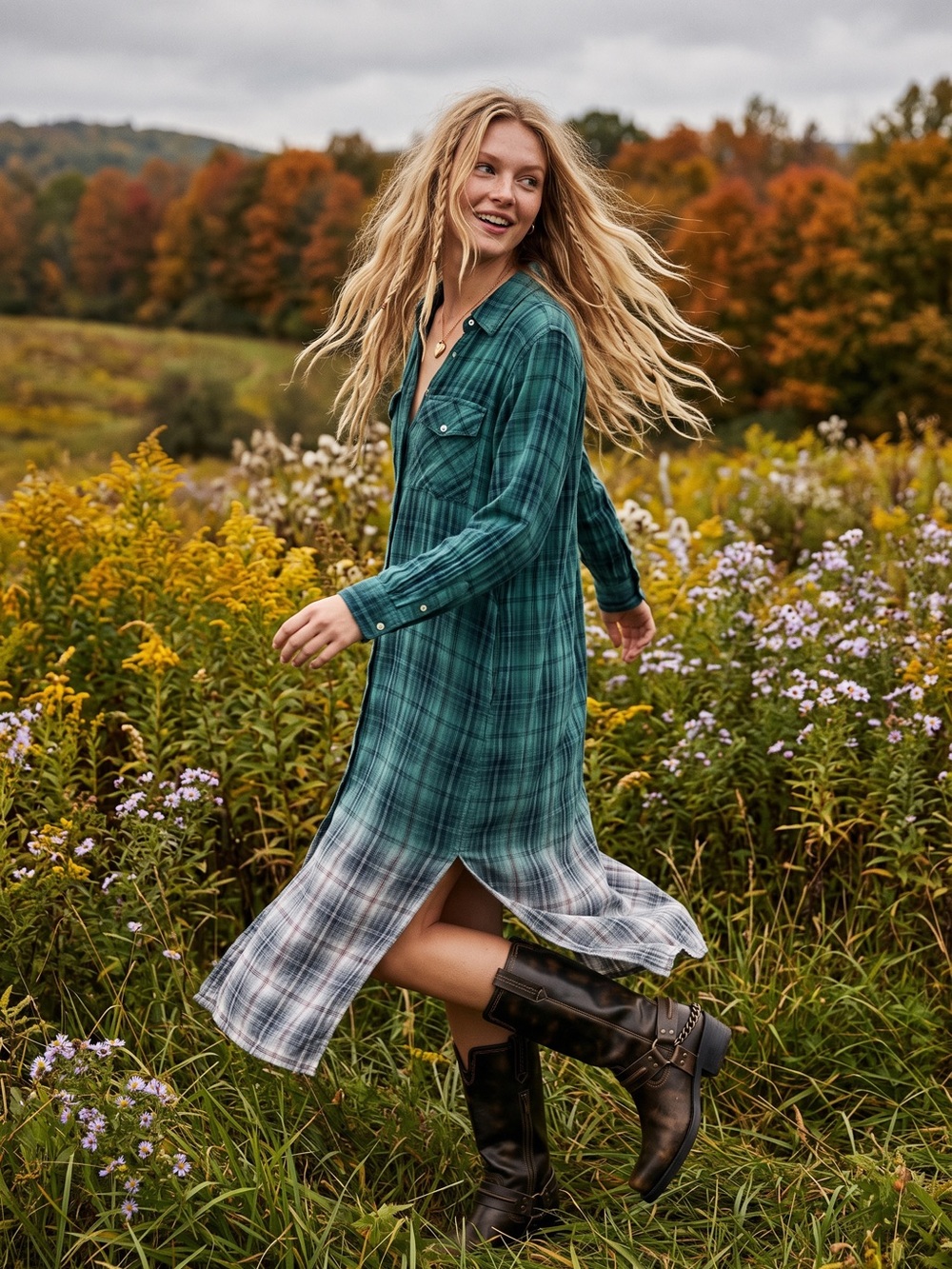 Natural Life Brooke Maxi Dress in Teal Ombre Plaid Medium Grunge 90s Bohemian